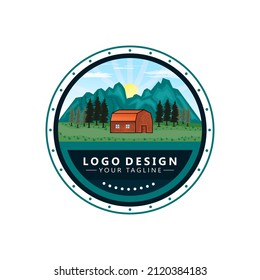 Home logo design with mountain view isolated on white background.