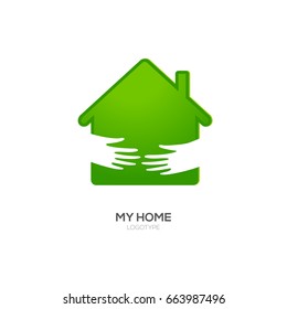 Home Logo Design Template. Vector Illustration. Two hands hold green house icon. Recommended for eco friendly, social oriented projects.