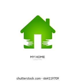 Home Logo Design Template. Vector Illustration. Two hands hug green house icon. Open door with light. Recommended for eco friendly, social oriented projects.