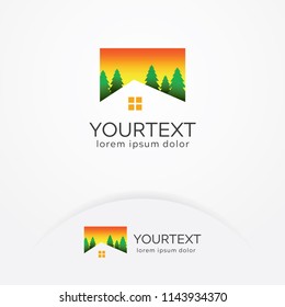 Home logo design, Vector illustration of the house and trees with evening sky background