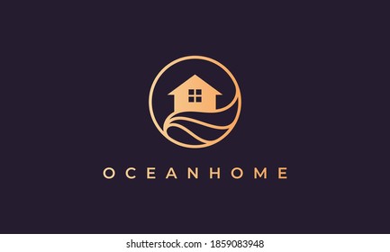 home logo of gold line with house in circle shape with ocean wave