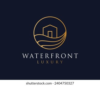 home logo of gold line with house in circle shape with ocean wave