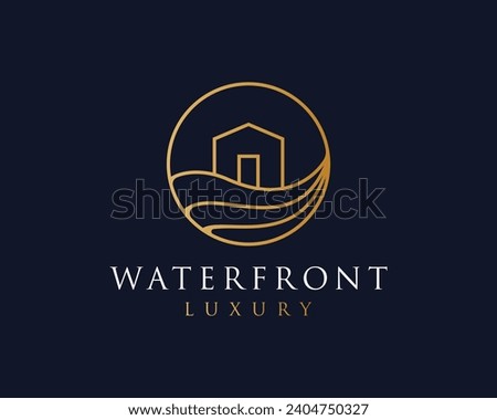 home logo of gold line with house in circle shape with ocean wave