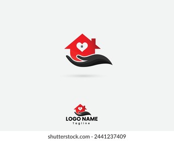 Logotipo del hogar con cuidado de las manos. Icono de diseño de logotipo de Carehouse. Edificio. Premium. Logotipo del negocio. Médico. Cuidado. Bienes raíces. Diseño de logotipo de cuidado del hogar.