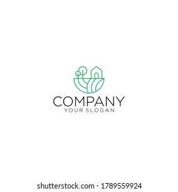 Home logo and leaf flower in eco ecology nature concept on rounded logo design illustration vector. Fresh home logo