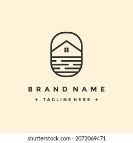 home logo line with house in circle shape with ocean wave