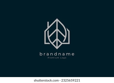 Home Logo, minimalist home with leaf in line art style, vector illustration