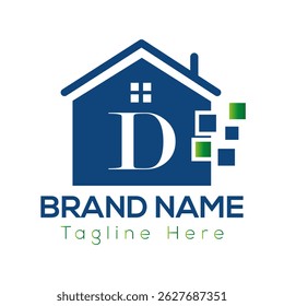 Home Logo On Letter D Template. Initial Home Sign Concept Template	

