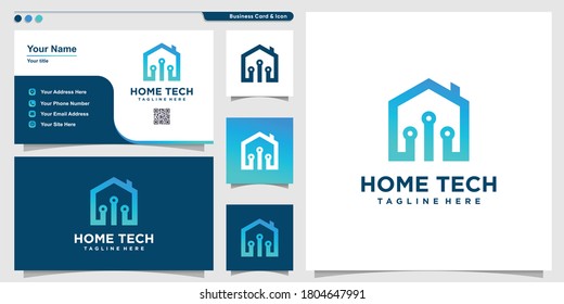 Home logo with technology outline style and business card design template Premium Vector