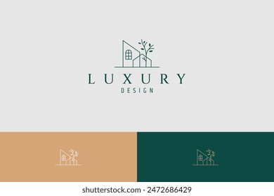 home logo with tree plants in line art design style