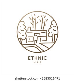 Home logo with trees. Vector emblem for business design, badge for a construction company, farming, ecology concept, spa, health and yoga Center.