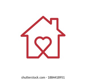 Home love heart logo - Business corporate logo. Handmade lettering print. Vector illustration with heart, roof and chimney. Simple icon of house inside heart shape. House line art shape.
