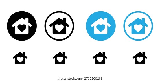 Inicio Conjunto de iconos de amor. Casa de Vector con Botones de corazón. Colección de planos redondos en negro y azul de la familia y los símbolos de bienes raíces.


