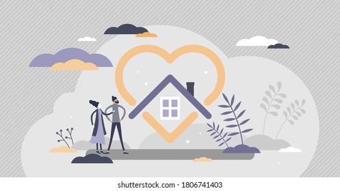 Home love as protected or safe house and cosy feeling tiny person concept. Real estate with emotional attraction or nostalgic residence vector illustration. Symbolic insurance visualization with heart