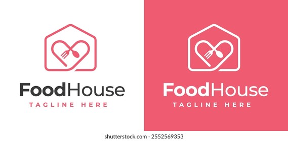 Hogar con amor, cuchara y tenedor Icon Logo Inspiración de diseño. Casa creativa con el icono de la cuchara y del tenedor para la marca del restaurante, del abastecimiento, del café, y del servicio de comida. Restaurante Comida Casa Logo Vector