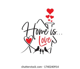 Home is love, vector. House illustration with red hearts. Wall art design, artwork, poster design. Home Wall Decor, wall decals