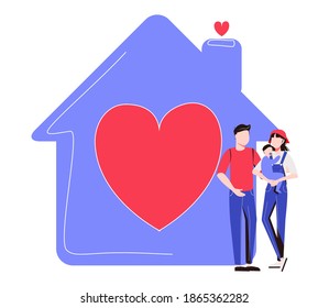 Home love vector illustration. Covid-19 coronavirus stay home strategy flat tiny persons concept. Family relationship care in crisis. Kids and parents protection in dangerous pandemic outbreak time.