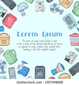Home machines - card with text and vector color illustrations of microwave, oven, refrigerator, vacuum, blender, kettle and other appliances for graphic design