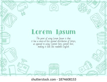 Home machines - horizontal card with text and vector outline illustrations of microwave, oven, refrigerator, vacuum, blender, kettle and other appliances for graphic design