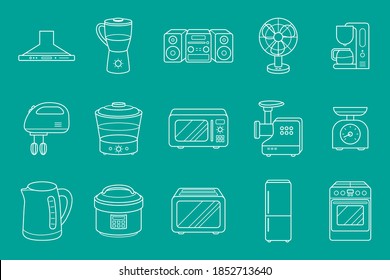 Home machines Icons set - Vector outline symbols of microwave, oven, refrigerator, vacuum, blender, kettle and other appliances for the site or interface