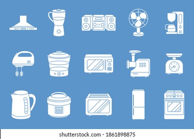 Máquinas domésticas Juego de iconos - Silhouettes vectoriales de microondas, horno, refrigerador, vacío, mezclador, hervidor de agua y otros aparatos para el sitio o interfaz