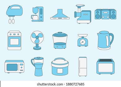 Home machines Icons set - Vector color symbols of microwave, oven, refrigerator, vacuum, blender, kettle and other appliances for the site or interface