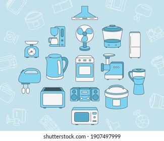 Home machines Icons set - Vector color symbols and outline of microwave, oven, refrigerator, vacuum, blender, kettle and other appliances for the site or interface