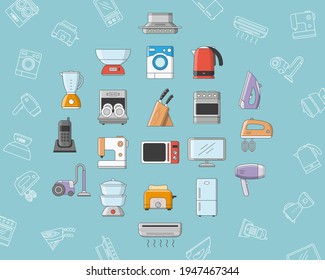 Home machines Icons set - Vector color symbols and outline of refrigerator, vacuum, microwave, blender, oven, kettle and other appliances for the site or interface