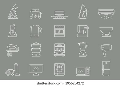 Home machines Icons set - Vector outline symbols of refrigerator, vacuum, microwave, blender, oven, kettle and other appliances for the site or interface