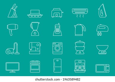 Home machines Icons set - Vector outline symbols of refrigerator, vacuum, microwave, blender, oven, kettle and other appliances for the site or interface