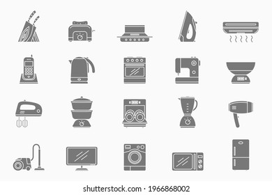 Máquinas domésticas Juego de iconos - Silhouettes vectoriales de frigorífico, vacío, microondas, mezclador, horno, hervidor de agua y otros aparatos para el sitio o interfaz