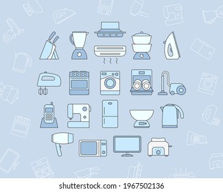 Home machines Icons set - Vector color symbols and outline of refrigerator, vacuum, microwave, blender, oven, kettle and other appliances for the site or interface