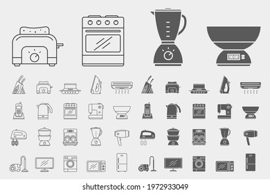 Home machines Icons set - Vector outline symbols and silhouettes of refrigerator, vacuum, microwave, blender, oven, kettle and other appliances for the site or interface