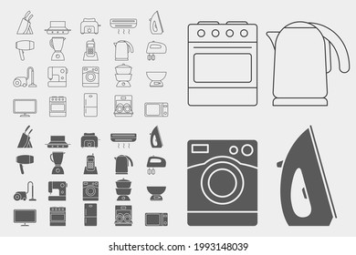 Home machines Icons set - Vector outline symbols and silhouettes of refrigerator, vacuum, microwave, blender, oven, kettle and other appliances for the site or interface