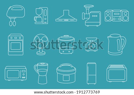 Home machines Icons set - Vector outline symbols of microwave, oven, refrigerator, vacuum, blender, kettle and other appliances for the site or interface