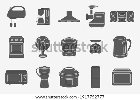 Home machines Icons set - Vector silhouettes of microwave, oven, refrigerator, vacuum, blender, kettle and other appliances for the site or interface