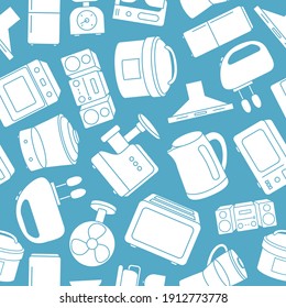 Máquinas domésticas - Fondo vectorial (patrón ininterrumpido) de siluetas microondas, horno, refrigerador, vacío, licuadora, hervidor de agua y otros aparatos de diseño gráfico