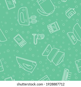 Home machines - Vector background (seamless pattern) of refrigerator, vacuum, microwave, blender, oven, kettle and other appliances for graphic design