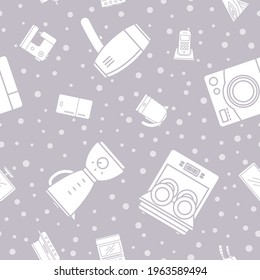 Home machines - Vector background (seamless pattern) of silhouettes refrigerator, vacuum, microwave, blender, oven, kettle and other appliances for graphic design