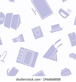 Máquinas domésticas - Fondo vectorial (patrón ininterrumpido) de siluetas frigorífico, vacío, microondas, licuadora, horno, hervidor de agua y otros aparatos de diseño gráfico