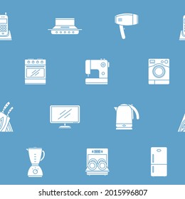 Máquinas domésticas - Fondo vectorial (patrón ininterrumpido) de siluetas frigorífico, vacío, microondas, licuadora, horno, hervidor de agua y otros aparatos de diseño gráfico