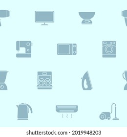 Home machines - Vector background (seamless pattern) of silhouettes refrigerator, vacuum, microwave, blender, oven, kettle and other appliances for graphic design