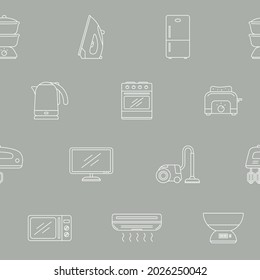Home machines - Vector background (seamless pattern) of refrigerator, vacuum, microwave, blender, oven, kettle and other appliances for graphic design