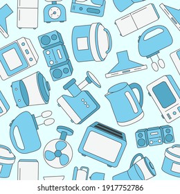Home machines - Vector color background (seamless pattern) of microwave, oven, refrigerator, vacuum, blender, kettle and other appliances for graphic design