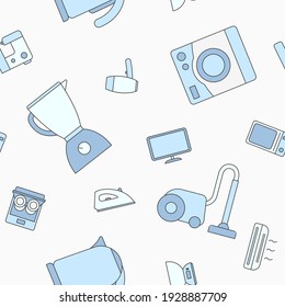 Máquinas domésticas - Fondo de color vectorial (patrón sin fisuras) de frigorífico, vacío, microondas, mezclador, horno, hervidor de agua y otros aparatos de diseño gráfico