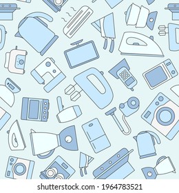 Home machines - Vector color background (seamless pattern) of refrigerator, vacuum, microwave, blender, oven, kettle and other appliances for graphic design