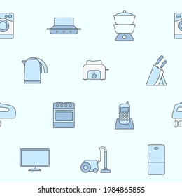 Home machines - Vector color background (seamless pattern) of refrigerator, vacuum, microwave, blender, oven, kettle and other appliances for graphic design