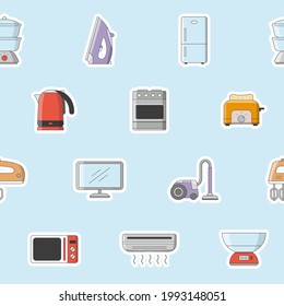Home machines - Vector color background (seamless pattern) of refrigerator, vacuum, microwave, blender, oven, kettle and other appliances for graphic design