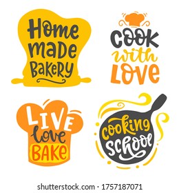 Home made bakery, culinary logotype set, hand written lettering for shop, cooking school, cafe logo collection, isolated on white background. Poster, banner, cookware print. Vector illustration