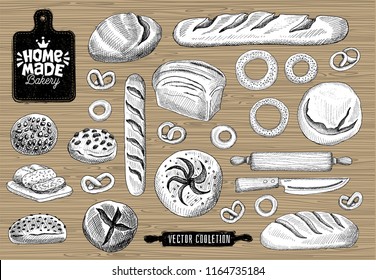Home made bakery logo, baking, bread vector collection. Bakery house logo design, food shop. bread, baguette, bagels, home baking, cutting board, knife, rolling pin. Hand drawn vector illustration.